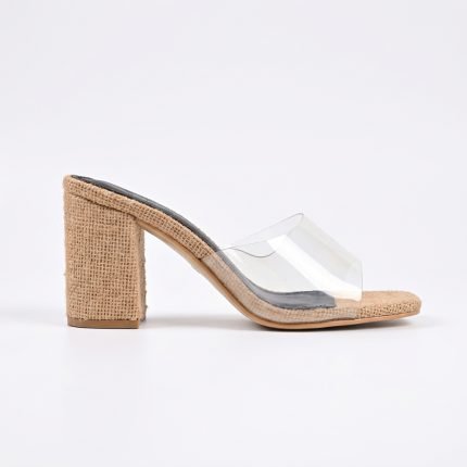 Natural Raffia Clear Strap Block Heel Mules