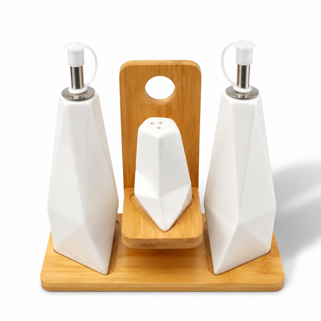 طقم زيت وخل بورسلين مع ملاحتين وستاند 636 le Porcelain Oil & Vinegar Set with Salt & Pepper Shakers and Stand 636 le طقم زيت وخل بورسلين مع ملاحة و استاند خشب - Image 1