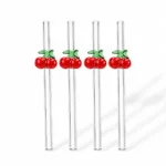 Cherry Glass Straw Set 4-Pieces with Cleaning Brush