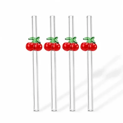 Cherry Glass Straw Set 4-Pieces with Cleaning Brush