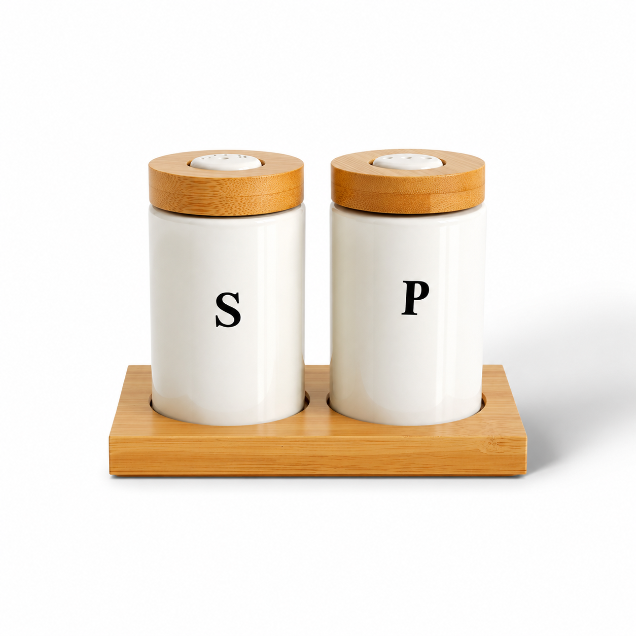 طقم ملاحة بورسلين بغطاء خشبي مع قاعدة – 180 جنيه Porcelain Salt & Pepper Set with Wooden Lid and Stand – 180 LE طقم ملاحة بورسلين بغطاء خشبي مع قاعدة بامبو - Image 1