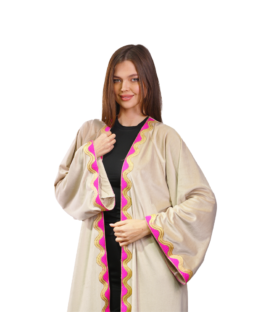 Beige Kaftan with Fuchsia Gold Embroidery