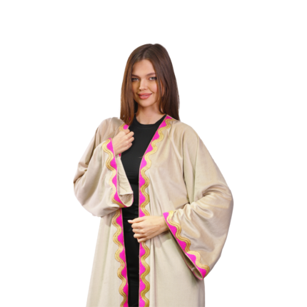 Beige Kaftan with Fuchsia Gold Embroidery