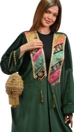 Embroidered Black and green Velvet Indian Brocade Kaftan Free Size - Image 8
