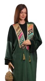Embroidered Black and green Velvet Indian Brocade Kaftan Free Size - Image 9