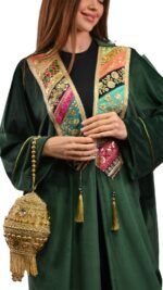 Embroidered Black and green Velvet Indian Brocade Kaftan Free Size - Image 7