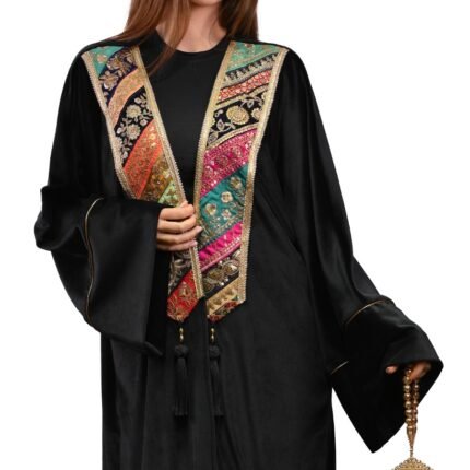 Embroidered Black and green Velvet Indian Brocade Kaftan Free Size