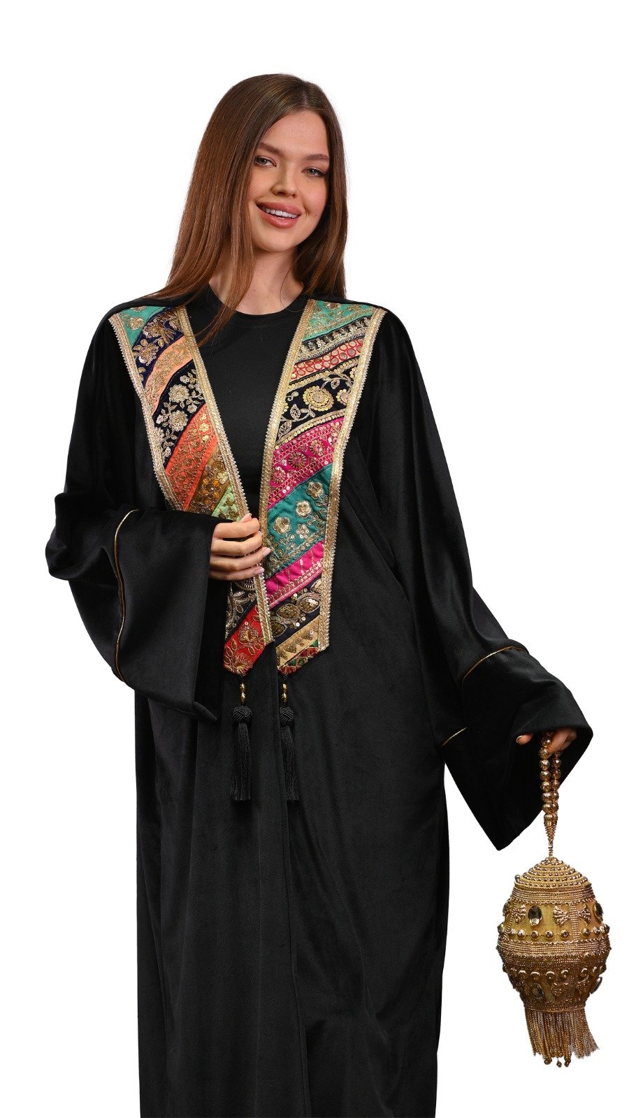 قفطان قطيفة أسود مطرز بروكار هندي فري سايز 2800 LE Embroidered Black Velvet Indian Brocade Kaftan Free Size 2800 LE Embroidered Black and green Velvet Indian Brocade Kaftan Free Size - Image 1