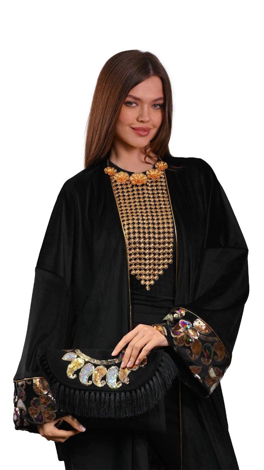 قفطان قطيفة أسود مطرز قماش هندي فري سايز 3500 LE Embroidered Black Velvet Indian Fabric Kaftan Free Size 3500 LE (3) قفطان قطيفة أسود مطرز قماش هندي فري سايز - Image 1