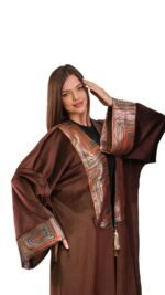 Embroidered Brown Velvet Jacquard Kaftan Free Size - Image 5