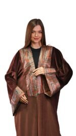 Embroidered Brown Velvet Jacquard Kaftan Free Size - Image 6