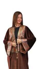 Embroidered Brown Velvet Jacquard Kaftan Free Size - Image 4