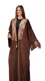 Embroidered Brown Velvet Jacquard Kaftan Free Size - Image 3