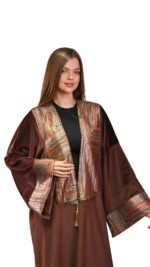 Embroidered Brown Velvet Jacquard Kaftan Free Size - Image 2