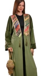 Olive Velvet Indian Brocade Kaftan Free Size - Image 3