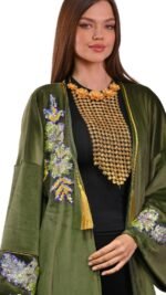 Embroidered Olive Velvet Kaftan Free Size - Image 3