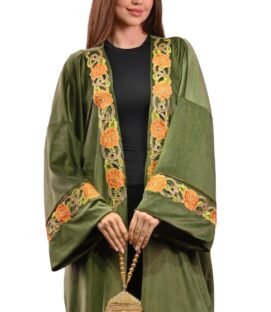 Embroidered Olive Velvet Floral Kaftan Free Size