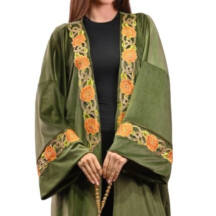 Embroidered Olive Velvet Floral Kaftan Free Size