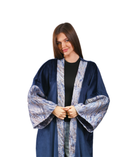 Navy Jacquard Embroidered Velvet Kaftan