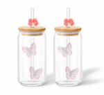 Glass Tumbler with Pink Butterfly Design Bamboo Lid Straw