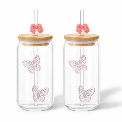 Glass Tumbler with Pink Butterfly Design Bamboo Lid Straw