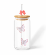 Glass Tumbler with Pink Butterfly Design Bamboo Lid Straw - Image 2