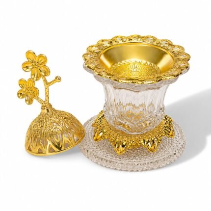 Glass Incense Burner with Glass Base & Ornate Golden Lid – Luxury Bakhoor Burner