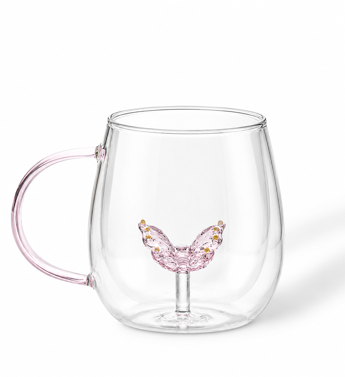 مج زجاج بفراشة وردية – 150 جنيه Glass Mug with Pink Butterfly Design – 150 LE Glass Mug with Pink Butterfly Design - Image 1