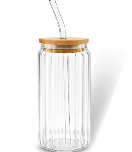 Ribbed Glass Mug with Straw