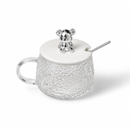 Embossed Glass Mug with Bear Lid With Spoon
