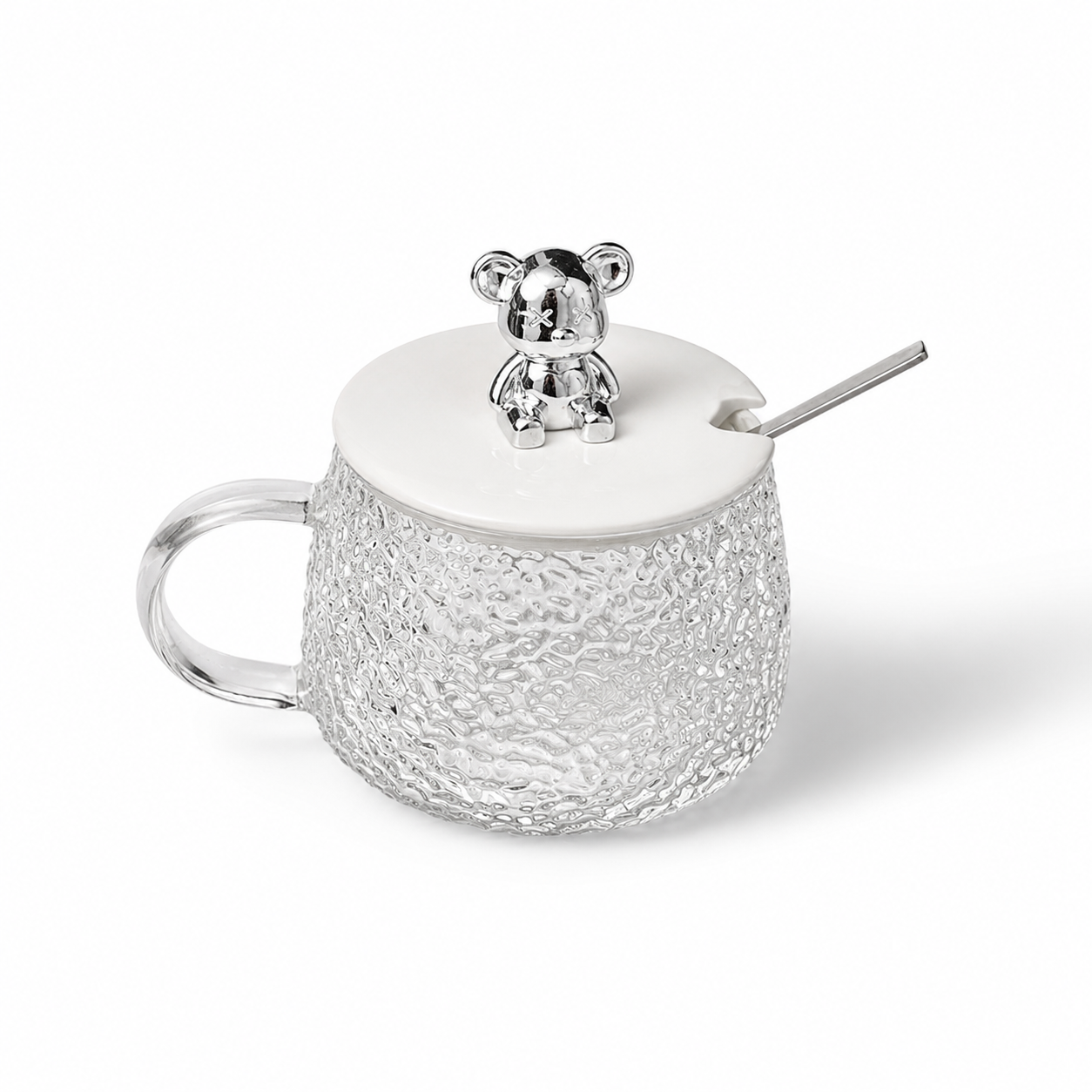 مج زجاج منقوش بغطاء دب مع ملعقة سعة 300 مل 24 le Embossed Glass Mug with Bear Lid With Spoon 300 ml 24 le (1) Embossed Glass Mug with Bear Lid With Spoon