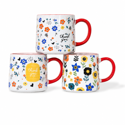 Ceramic Floral Mug with Red Handle