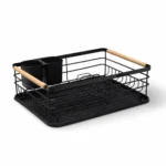 Black Metal Dish Drying Rack Water-Resistant Wooden Handles With Drain Tray