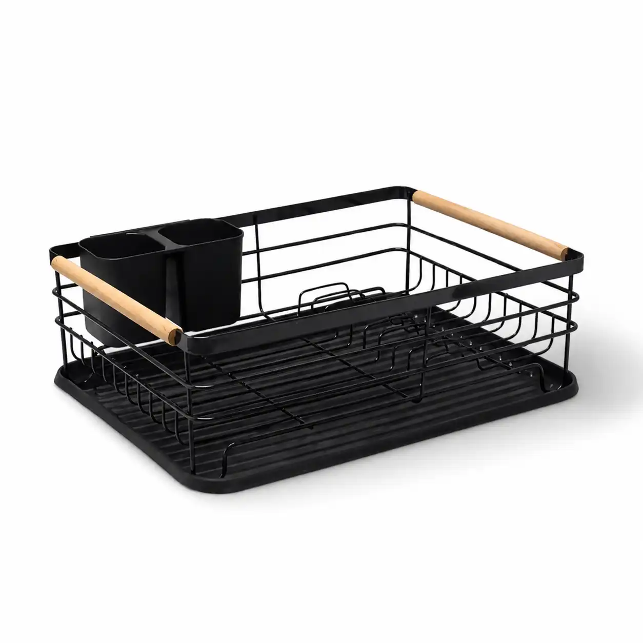 مصفاية أطباق معدن أسود بيد خشب مقاوم للمياه مع صينية تجميع للمياه 474 le Black Metal Dish Drying Rack Water-Resistant Wooden Handles With Drain Tray 474 le(1) Black Metal Dish Drying Rack Water-Resistant Wooden Handles With Drain Tray - Image 1
